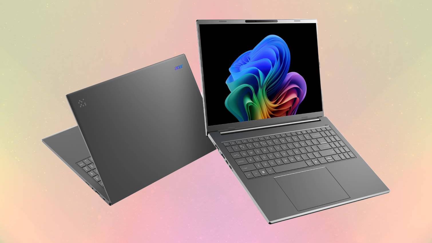 Acer Aspire 16 لپ تاپ AI در پس زمینه رنگ هلو شناور است