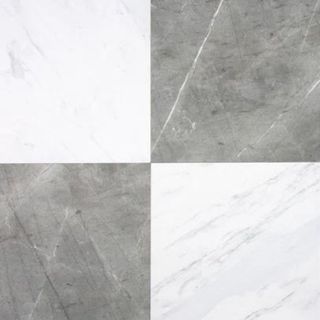 A marble patterned vinyl tile with a white and gray checkerboard pattern
