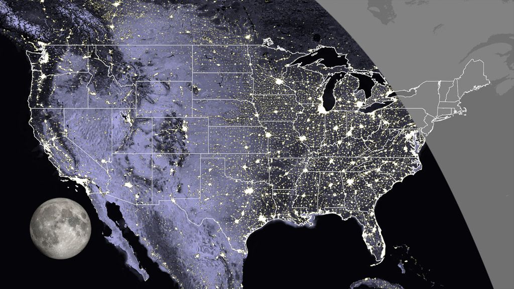 Visibility of the start of the partial phase in the contiguous U.S., at 9:45 UTC. This can be seen everywhere (including Puerto Rico) except eastern Pennsylvania, eastern Delaware, New York east of Buffalo, and the rest of New England.