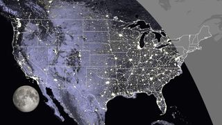 Visibility of the start of the partial phase in the contiguous U.S., at 9:45 UTC. This can be seen everywhere (including Puerto Rico) except eastern Pennsylvania, eastern Delaware, New York east of Buffalo, and the rest of New England.