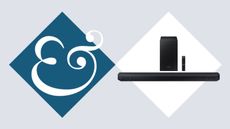 Samsung HW-Q6CC Q-series Soundbar and Subwoofer on tiled background with Homes & Gardens '&' logo.