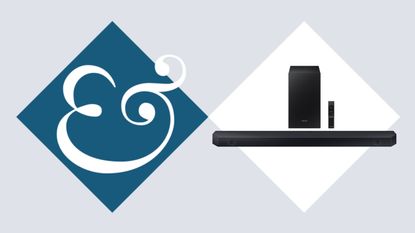 Samsung HW-Q6CC Q-series Soundbar and Subwoofer on tiled background with Homes & Gardens '&' logo.