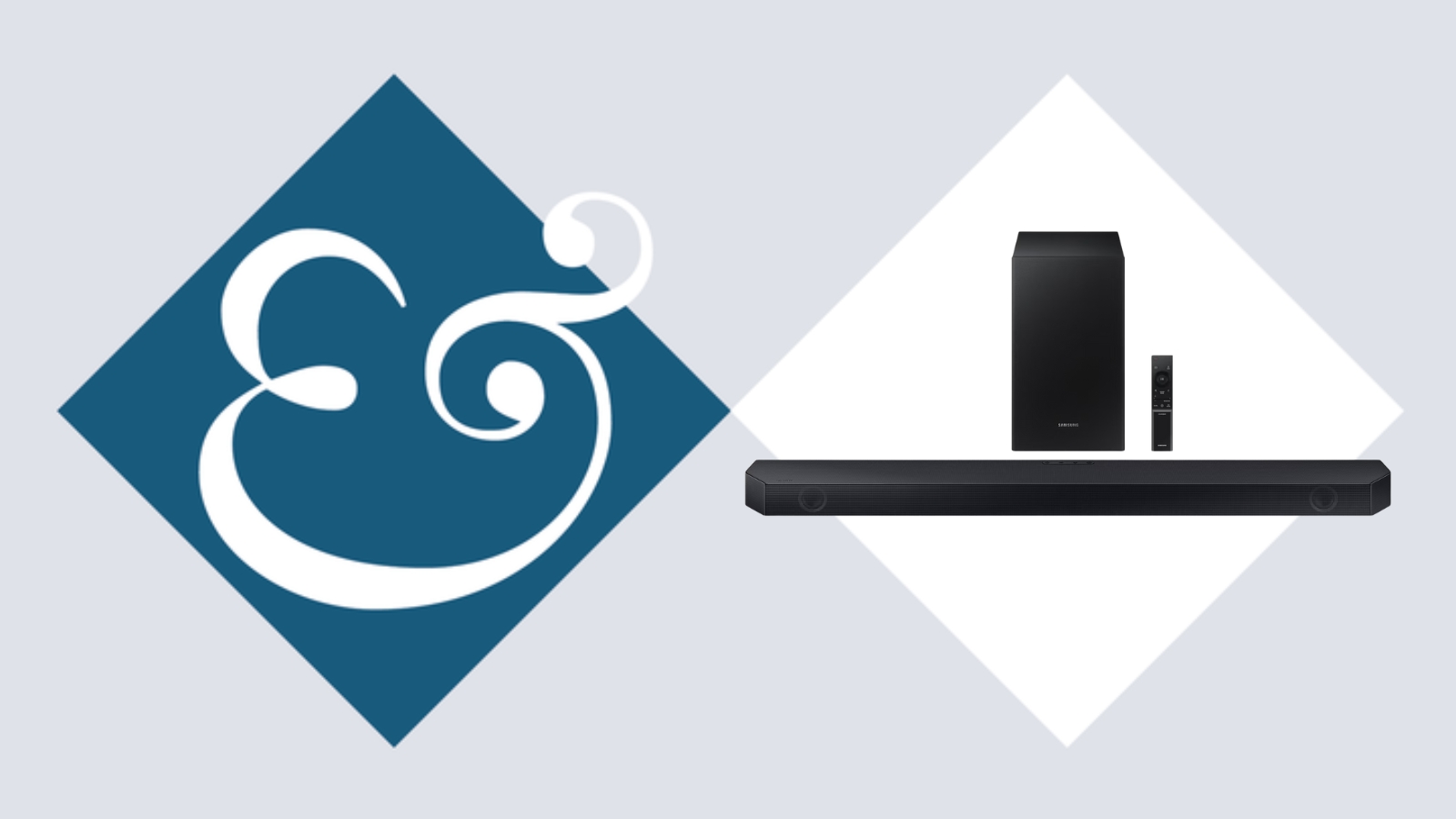 Samsung HW-Q6CC Q-series Soundbar and Subwoofer on tiled background with Homes &amp; Gardens &#039;&amp;&#039; logo.