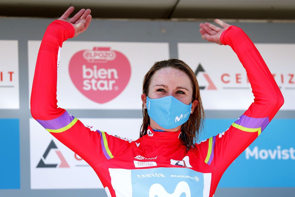 PEREIRO DE AGUIAR SPAIN SEPTEMBER 04 Annemiek Van Vleuten of Netherlands and Movistar Team celebrates winning the red leader jersey on the podium ceremony after the 7th Ceratizit Challenge By La Vuelta 2021 Stage 3 a 1079km stage from Estacin de Montaa de Manzaneda to Pereiro de Aguiar ChallengeVuelta CERATIZITChallenge21 on September 04 2021 in Pereiro de Aguiar Spain Photo by Gonzalo Arroyo MorenoGetty Images