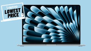 Sky blue Apple 15-inch MacBook Air M4 laptop against sky blue background.