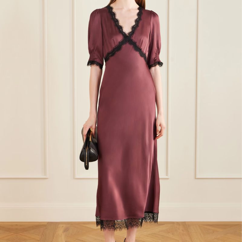 Rixo burgundy midi dress, available exclusively at Net-A-Porter