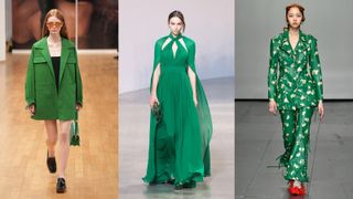 Models wearing kermit the frog green on the runway