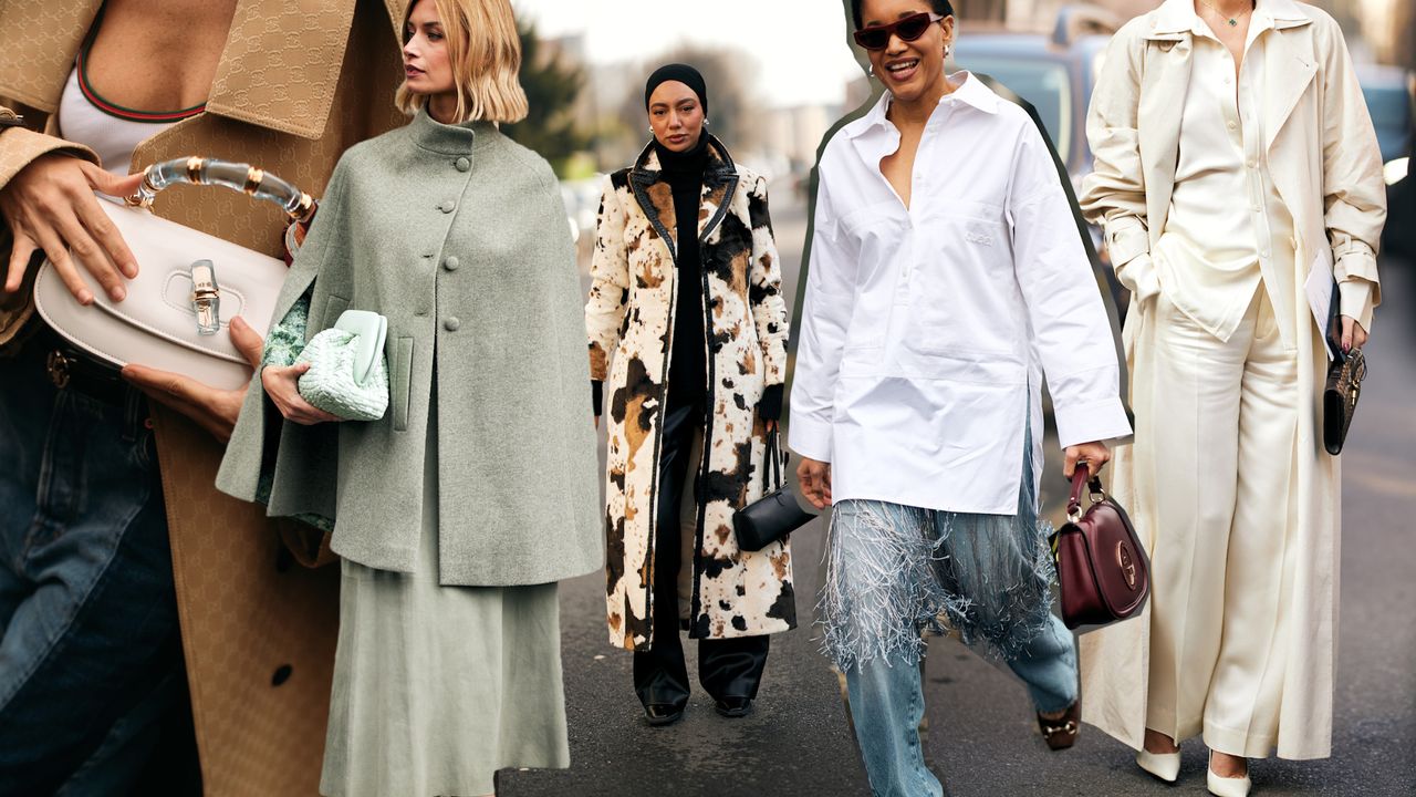 A graphic of Milan Fashion Week Street Style trends including scarves on bags, capes, east-west bags, wide-leg jeans, and corporate dress codes