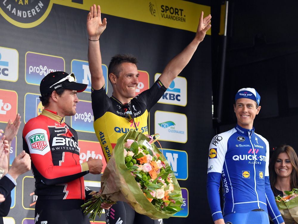 Van Avermaet, Gilbert and Terpstra on the Flanders podium