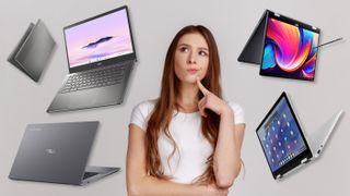 A woman looking thoughtfully at a number of Chromebooks.