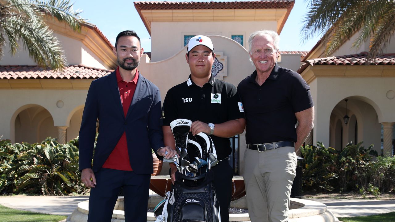 Joohyung Kim poses with Greg Norman and Cho Minn Thant