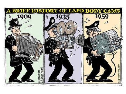 Editorial cartoon LAPD body cameras history