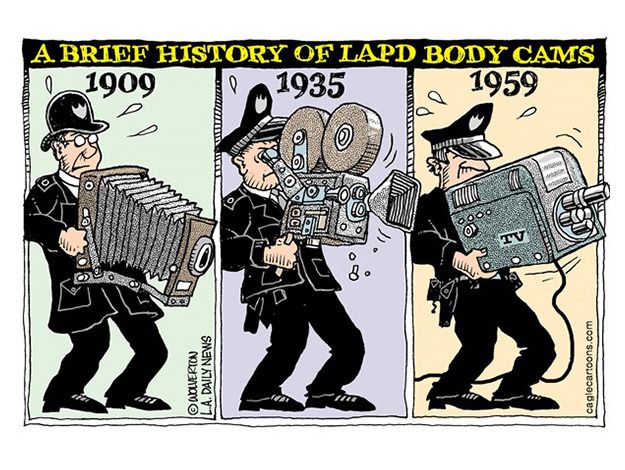 Editorial cartoon LAPD body cameras history