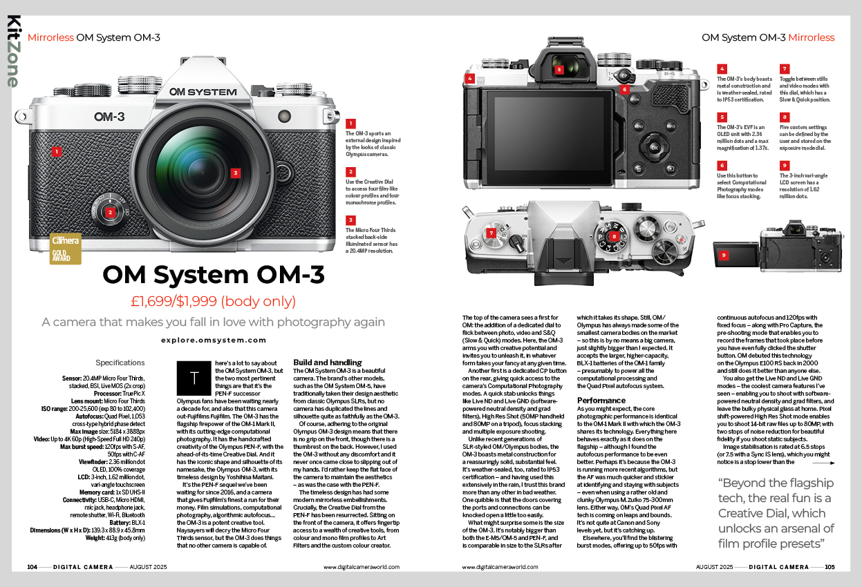 Image showing the first two pages of the OM System OM-3 camera review, in issue 297 (August 2025) of Digital Camera magazine
