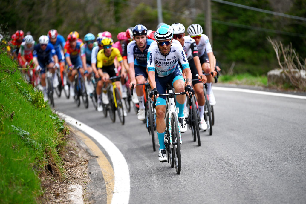 FRONTIGNANO ITALY MARCH 15 Damiano Caruso of Italy and Team Bahrain Victorious leads the peloton during the 60th TirrenoAdriatico 2025 Stage 6 a 163km stage from Cartoceto to Frontignano 1324m UCIWT on March 15 2025 in Frontignano Italy Photo by Tim de WaeleGetty Images