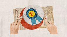 Photo collage of a plate with a 1st place ribbon on it. A pair of hands is cutting into it with a knife and fork.