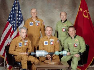The Apollo-Soyuz crew, from left: American astronauts "Deke" Slayton, Tom Stafford, Vance Brand, Russian cosmonauts Aleksey Leonov, Valeriy Kubasov.