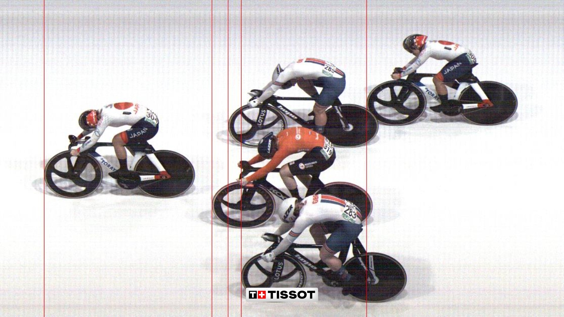 Photo finish of women's Keirin at 2024 Track World Championships won by Japan's Mina Sato