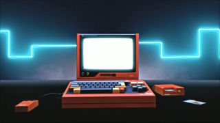 A bright red retro PC lights up