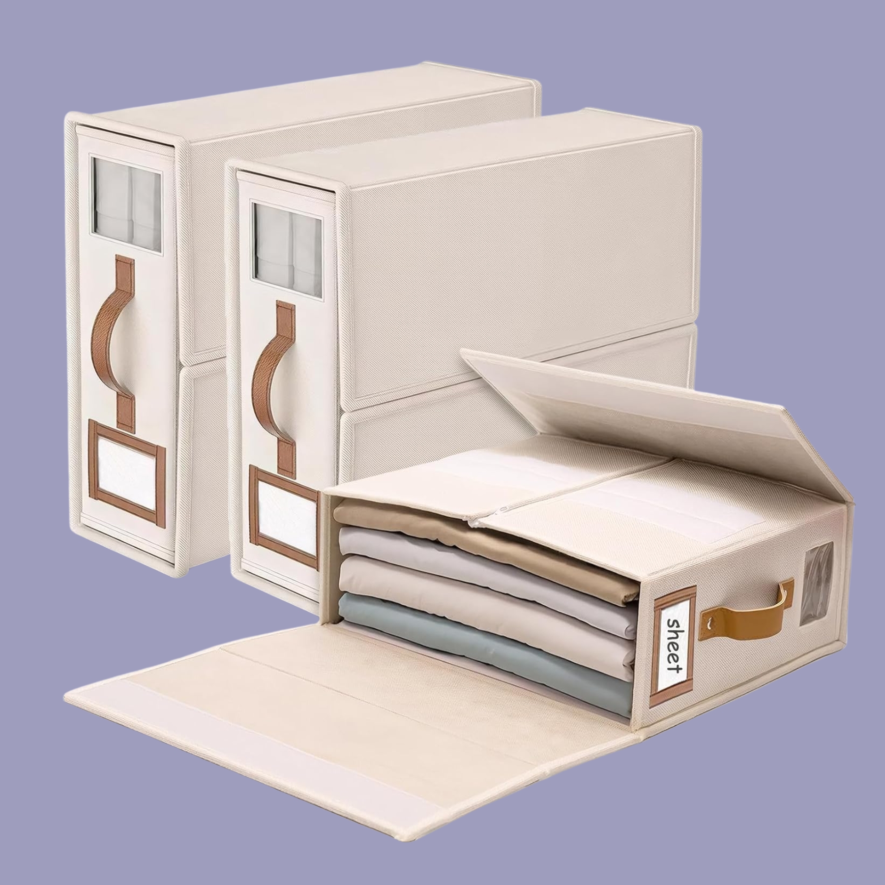 SwartLife, Swartlife Linen Bedding Storage Organizer - 3-Pack Foldable, Breathable Boxes With Clear Window & Label for Sheets, Duvets & Towels- Flaxen
