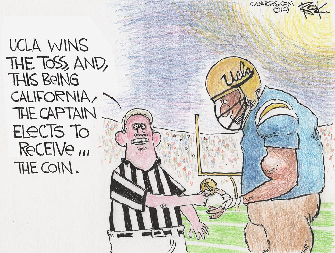 Editorial Cartoon U.S. UCLA California College Football Players