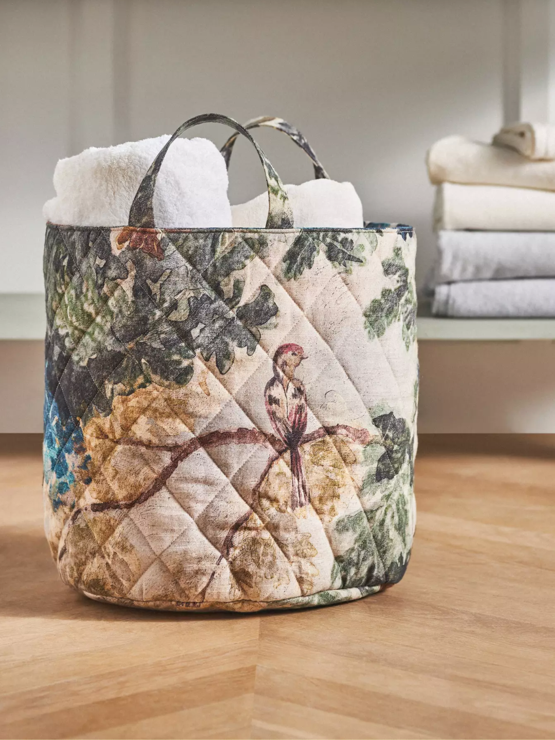 A patterned fabric basket from Anthropologie