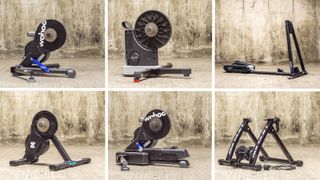 A collage of six of the best smart turbo trainers standing in an underground car park