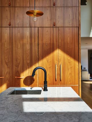 Wooden kitchen cabinets with a polished grain texture