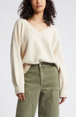 BP., Seamed Oversize V-Neck Rib Sweater