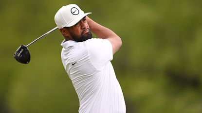 Tony Finau plays his shot from the ninth tee during the PGA Championship.