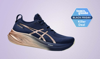 the Asics Gel-Nimbus 26 with a Tom's Guide Black Friday Killer Deal label next to it in the top right hand corner