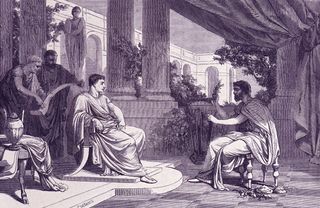 engraving showing pliny the elder in discussion with roman emperor vespasian