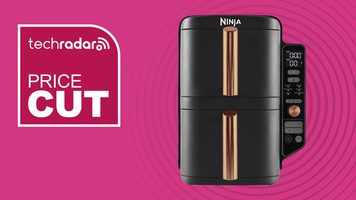 Ninja DoubleStack XL air fryer on pink background with white text reading &quot;TechRadar Price Cut&quot;