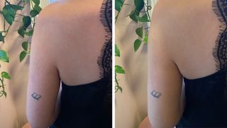 an image of beauty editor Fiona McKim's arm on the left, prior to applying vita liberata body blur, then on the right after applying it with more even skin tone