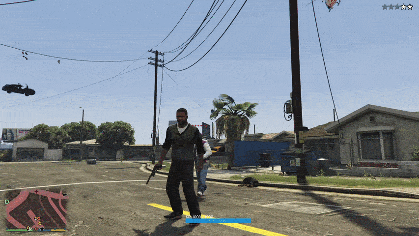 Chaos in the streets of Los Santos as gang war erupts amid flying cars.