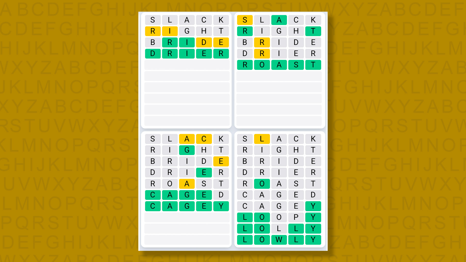 Quordle Daily Sequence answers for game 1520 on a yellow background