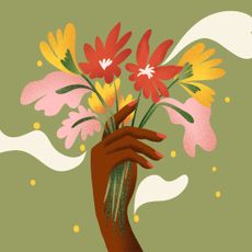 An illustration of a hand holding some flowers, symbolising hormone replacement therapy