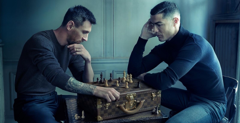 Messi Ronaldo playing chess middle on - AI Photo Generator - starryai