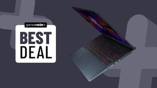 MSI Stealth gaming laptop on a gray background with best deal badge