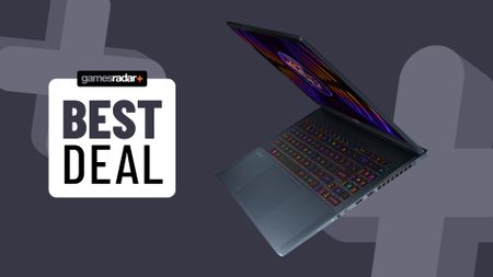 MSI Stealth gaming laptop on a gray background with best deal badge
