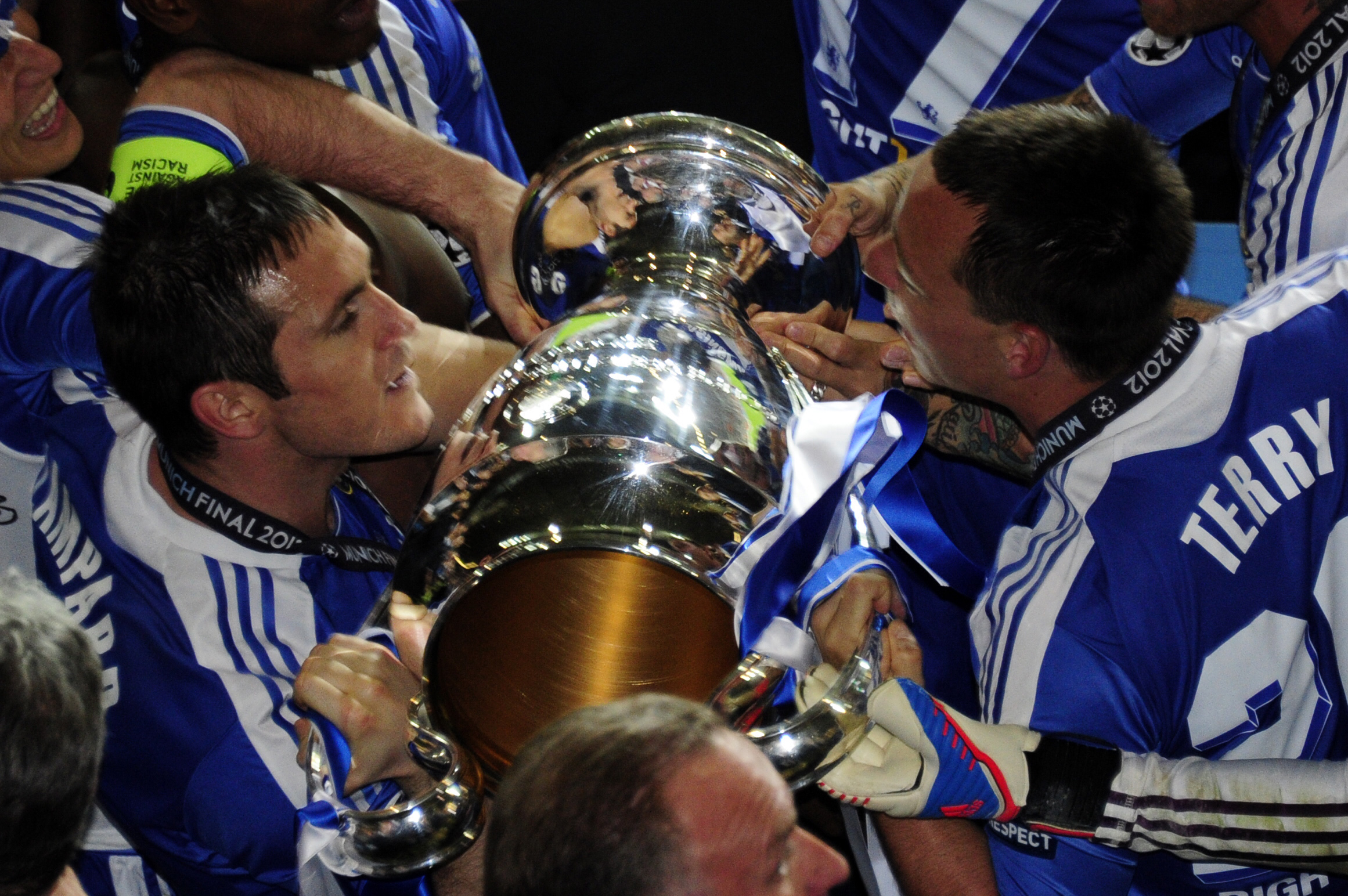 Frank Lampard and John Terry celebrate with the Champions League trophy after Chelsea's win over Bayern Munich on penalties in the 2012 final.