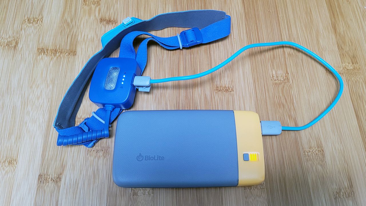 Review photo of the BioLite charge 40 PD plugged into the BioLite 425 Head Lamp