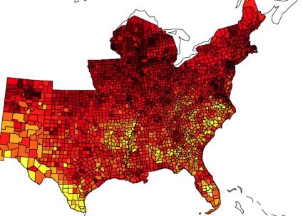 Map of vulnerability to hurricane deaths.