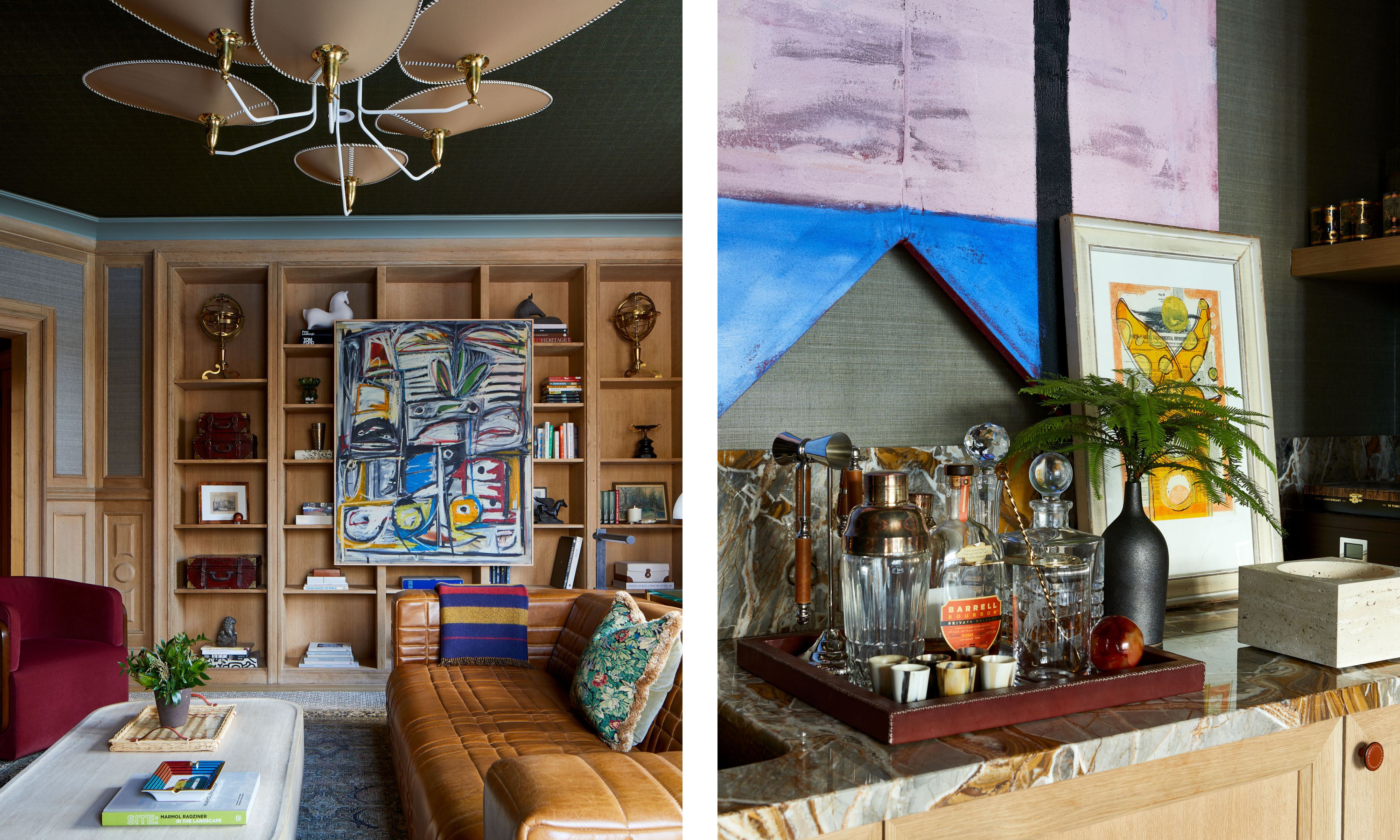 A home library room with a green tartan upholstered ceiling, wooden built-ins, an ochre sofa, abstract artwork, and a bar area with marble countertops.