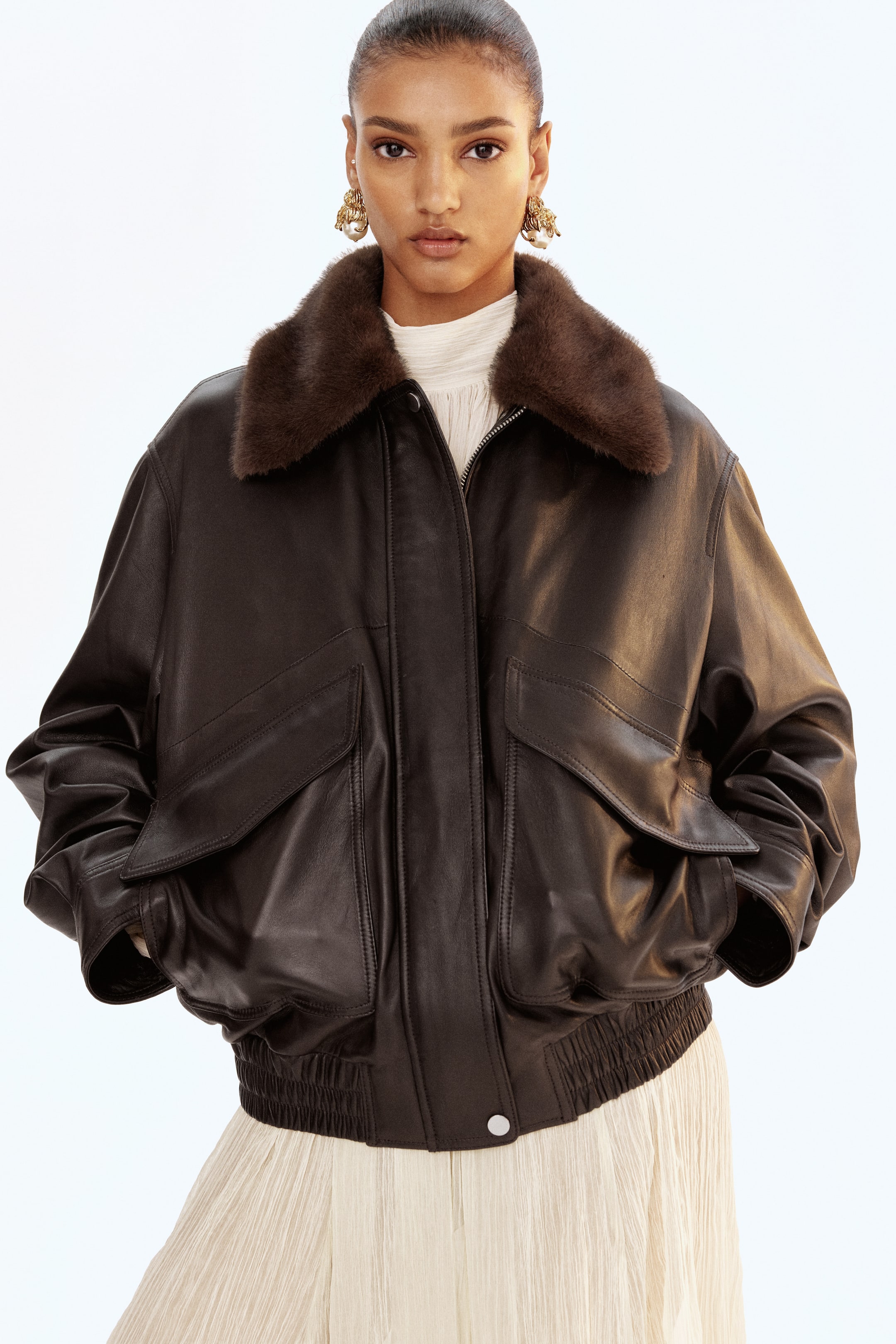 Oversized Leather Jacket - Dark Brown