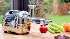 Super Angel Premium Deluxe juicer on a wooden table with fruits and vegetables around it