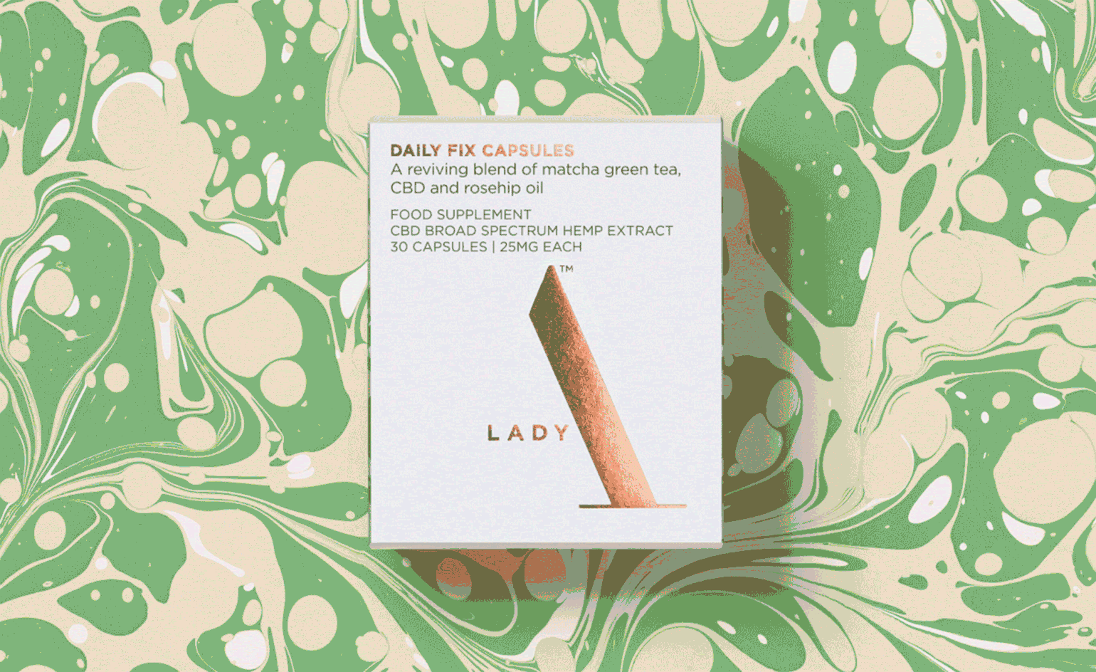 Lady A female focused CBD as vape, oil, balm, and patch in white packaging against marbled background