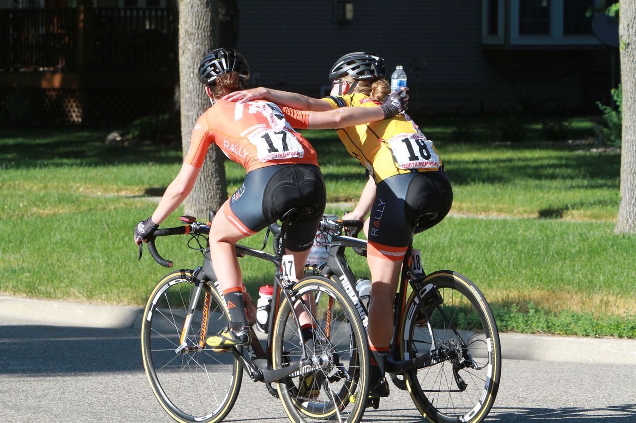Rally teammates congratulate each other after stage 3