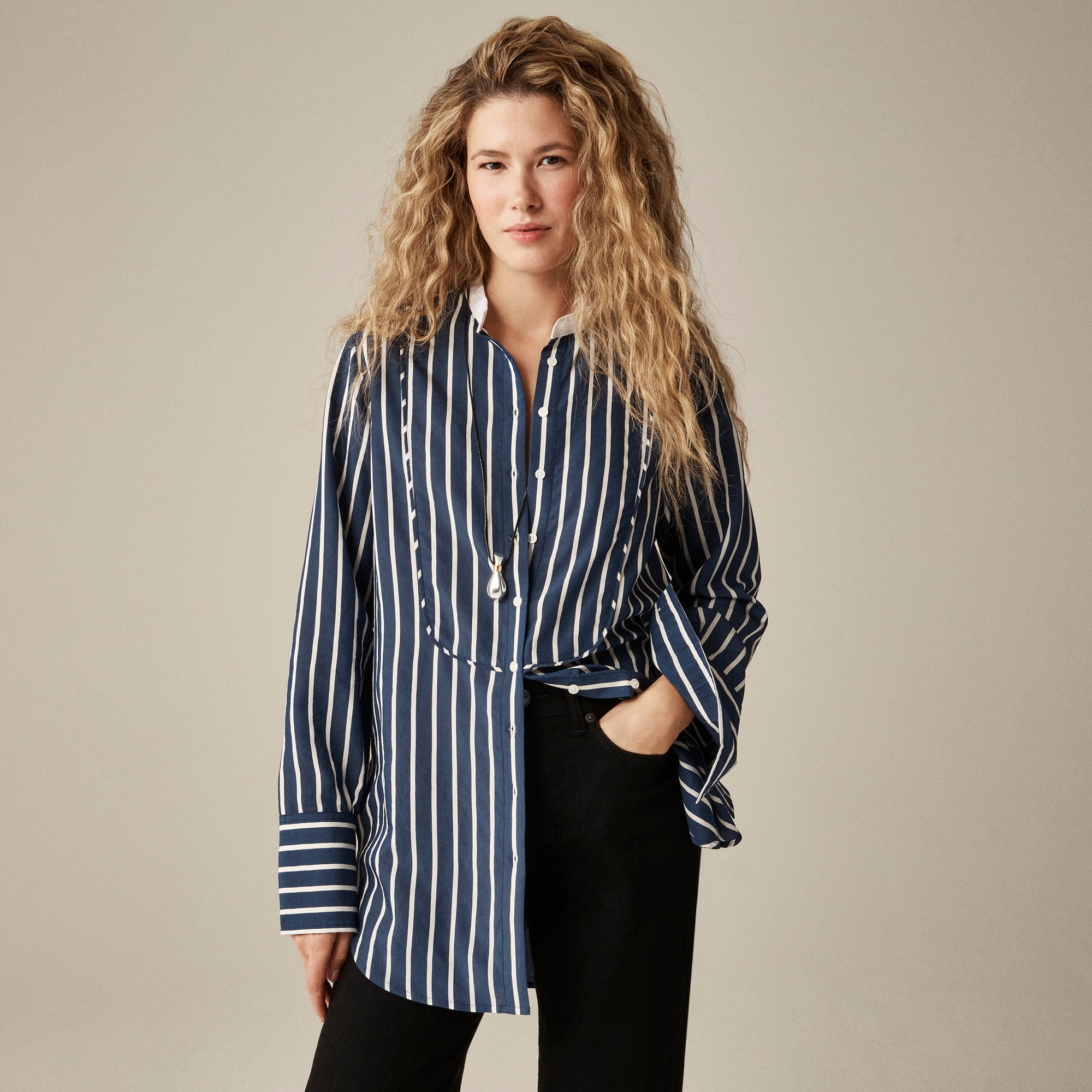 Tuxedo-Bib Button-Up Shirt in Stripe