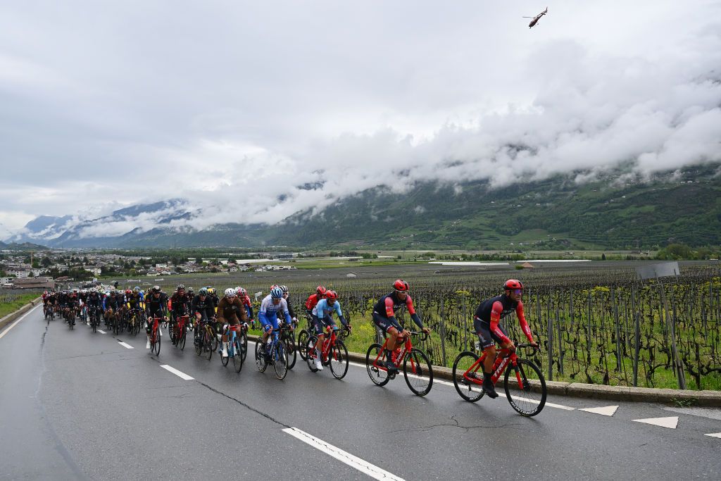 VALAIS THYON 2000 SWITZERLAND APRIL 29 Christopher JuulJensen of Denmark and Team JaycoAlUla Julien Bernard of France Blue Mountain Jersey Marc Brustenga of Spain and Jacopo Mosca of Italy and Team TrekSegafredo lead the peloton during the 6th Tour De Romandie 2023 Stage 4 a 1616km stage from Sion to Valais Thyon 2000 2090m UCIWT on April 29 2023 in Sion Switzerland Photo by Dario BelingheriGetty Images